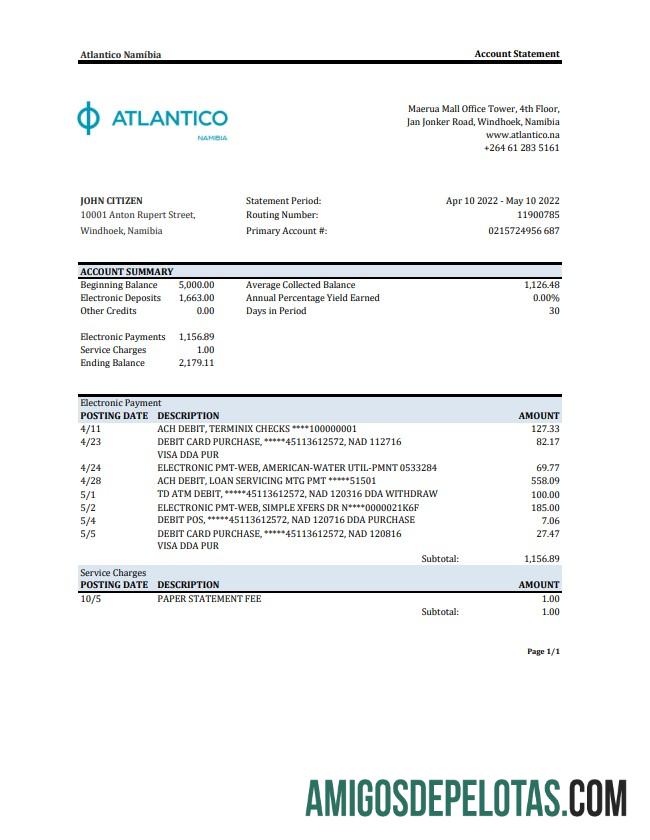 Namibia Atlantico Bank Statement XLS examplo